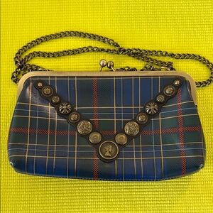 Patricia Nash Blue and Green Plaid Chain-Handle Clutch with Medallions